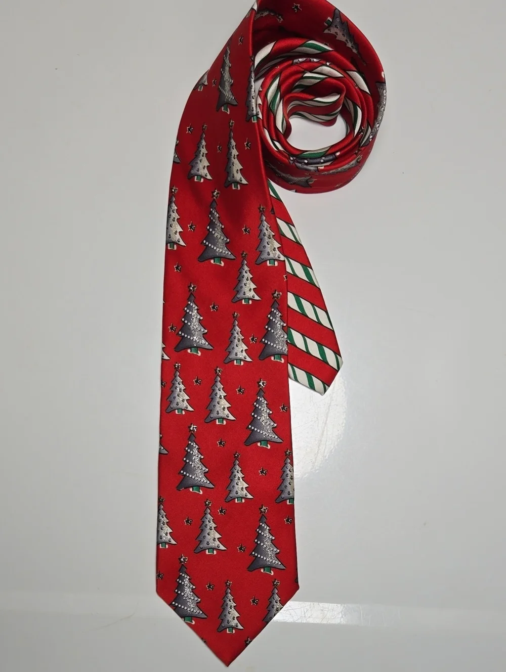 Holiday Red Silk Tie With Silver Trees
